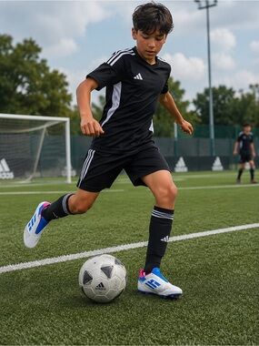 Adidas Youth Black Soccer Kit with White Stripes